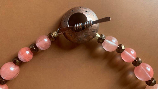 Necklace set | Faceted quartz focal bead, watermelon quartz rounds, artisan copper toggle clasp