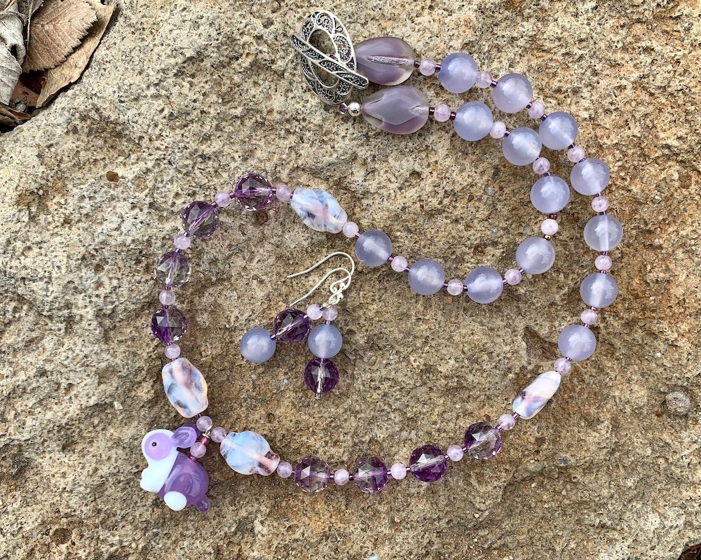 Necklace set | Artisan glass lampwork bunny bead, ametrine, grape chalcedony, Cape amethyst, vintage Japanese glass beads