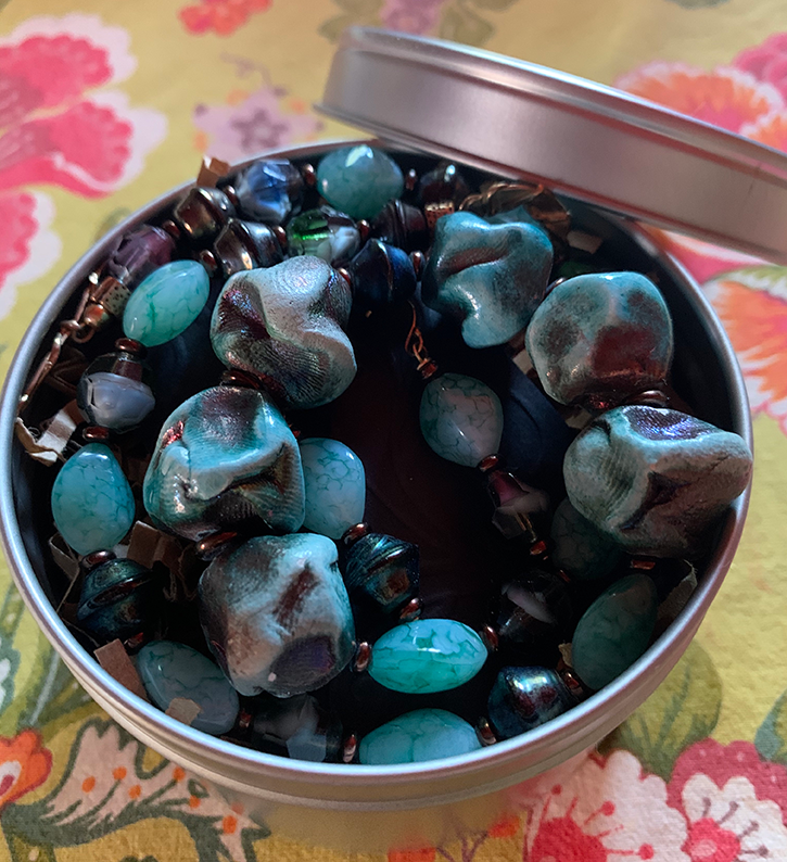 Necklace Set | Blue-green/copper raku nuggets, vintage faux-stone, faceted givre, and metallic bi-cones