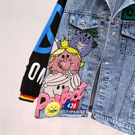 ZAUL FANTO BASIC COLLECTION CARTOON SMILEY FACE GRAFFITI DENIM JEAN COAT