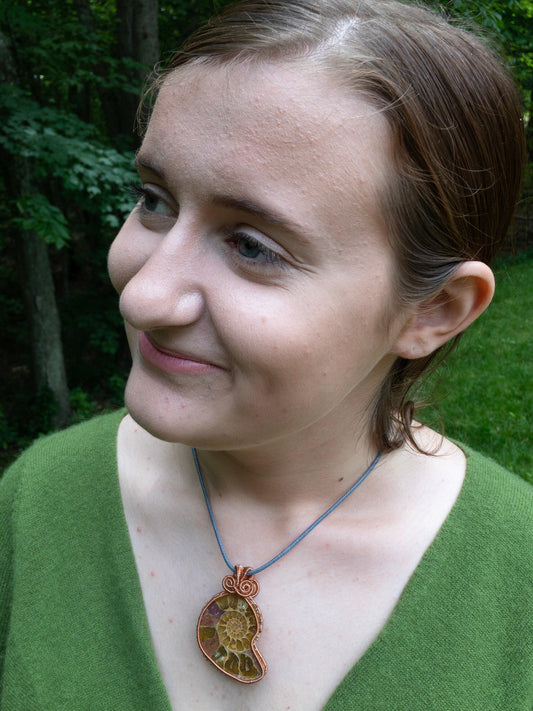 Shell Necklace, Ammonite Necklace, Copper, Wire Wrapped Pendant, Birthday Gift, Pagan Jewelry