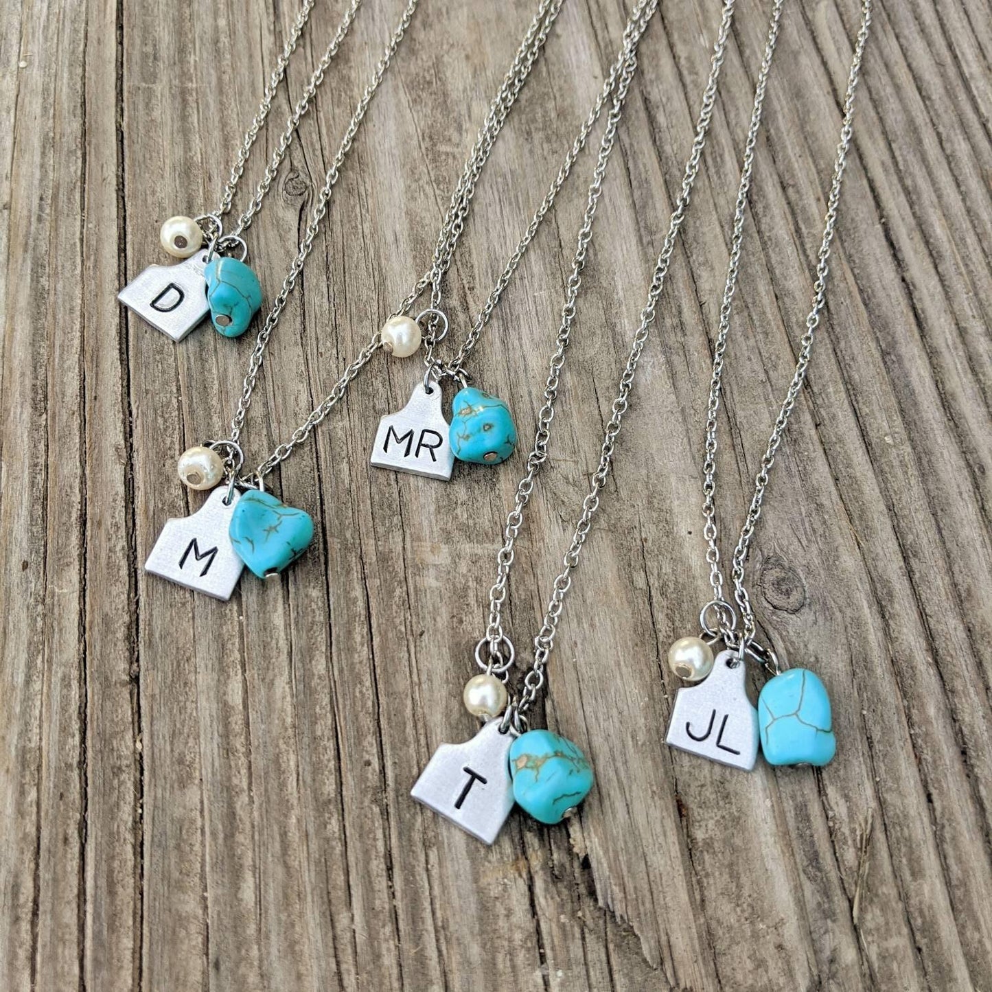 Initial Cattle Ear Tag Necklace - Pearl & Turquoise