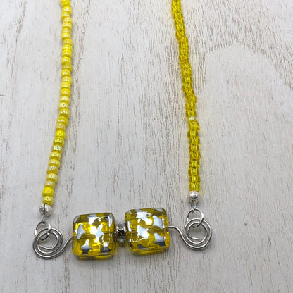 Sweet & Sunny Beaded Necklace with Silver Stars on Yellow Square Beads