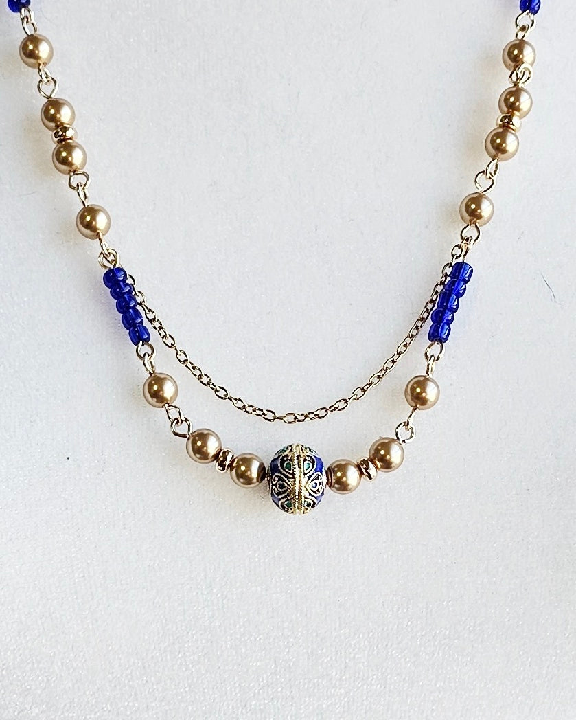 Gold Pearls Necklace with Cloisonne Focal