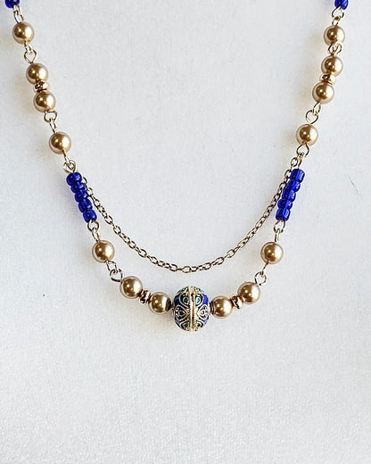 Gold Pearls Necklace with Cloisonne Focal