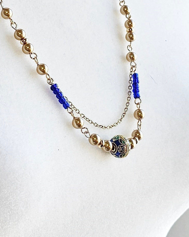 Gold Pearls Necklace with Cloisonne Focal