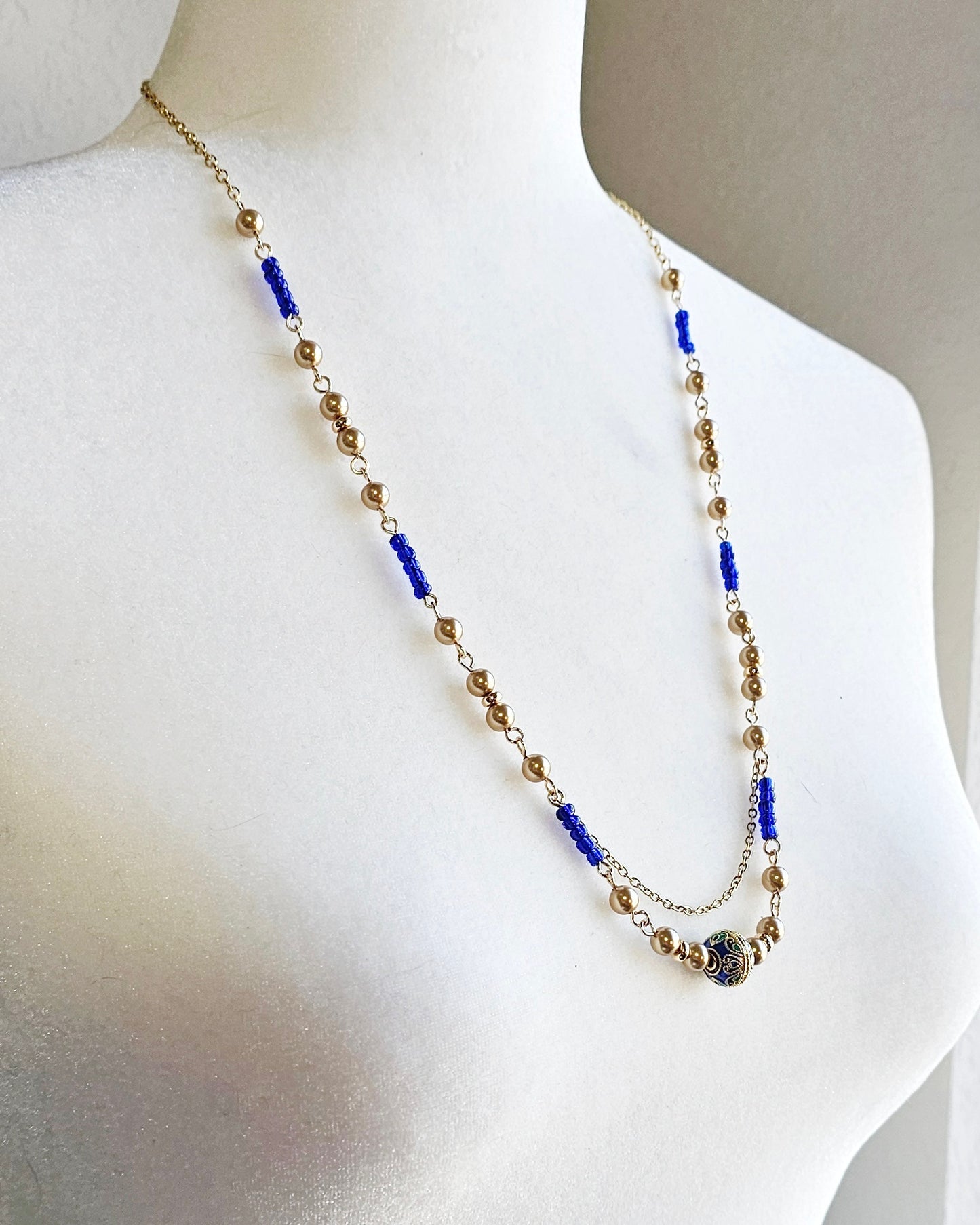 Gold Pearls Necklace with Cloisonne Focal