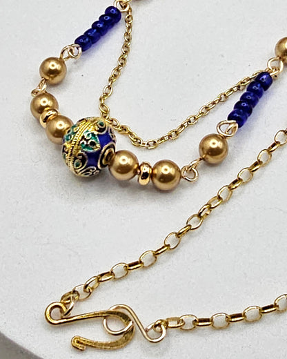 Gold Pearls Necklace with Cloisonne Focal