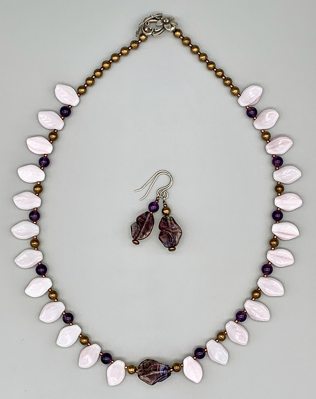 Necklace Set | 1960s violet/amethyst finned focal beads, pale lavender glass leaves, amethyst rounds