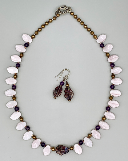 Necklace Set | 1960s violet/amethyst finned focal beads, pale lavender glass leaves, amethyst rounds