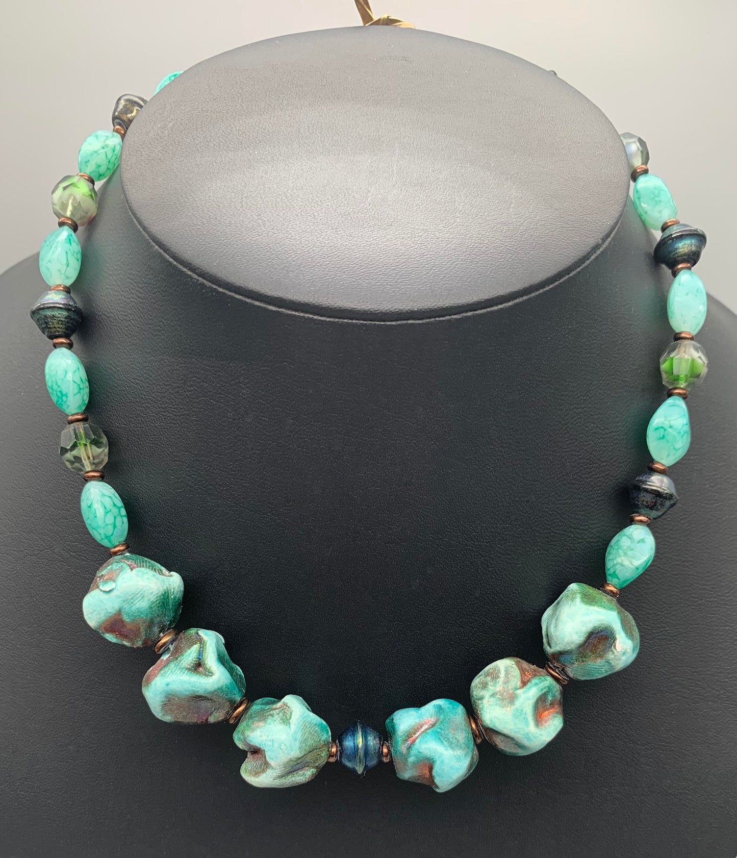 Necklace Set | Blue-green/copper raku nuggets, vintage faux-stone, faceted givre, and metallic bi-cones