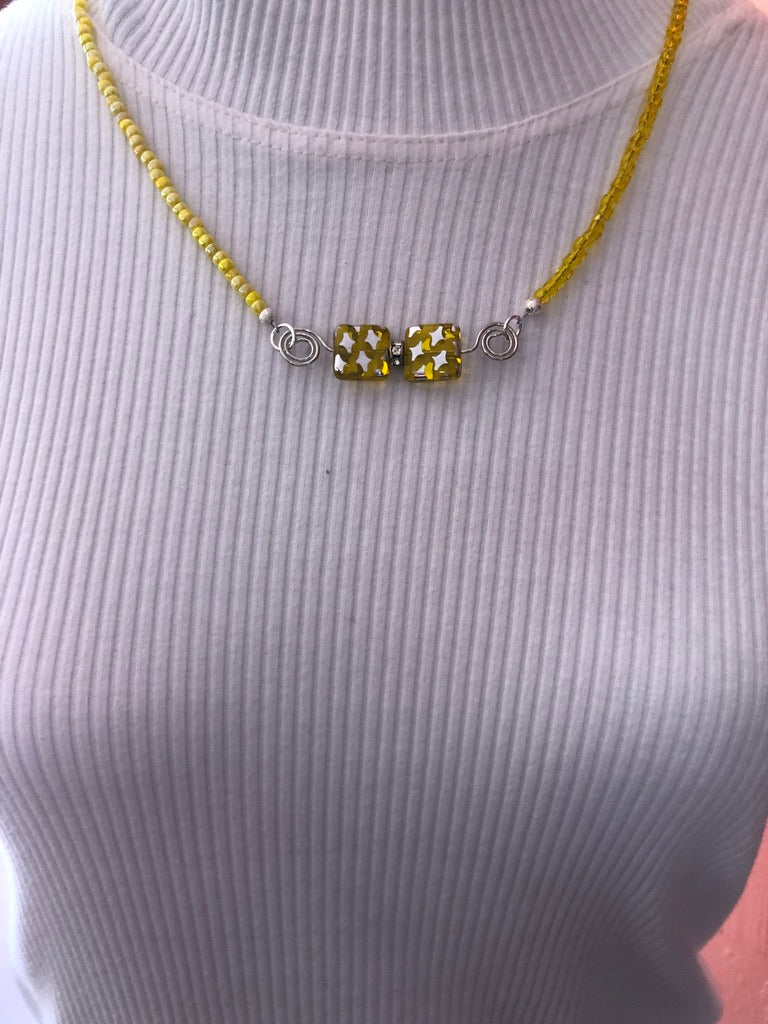 Sweet & Sunny Beaded Necklace with Silver Stars on Yellow Square Beads