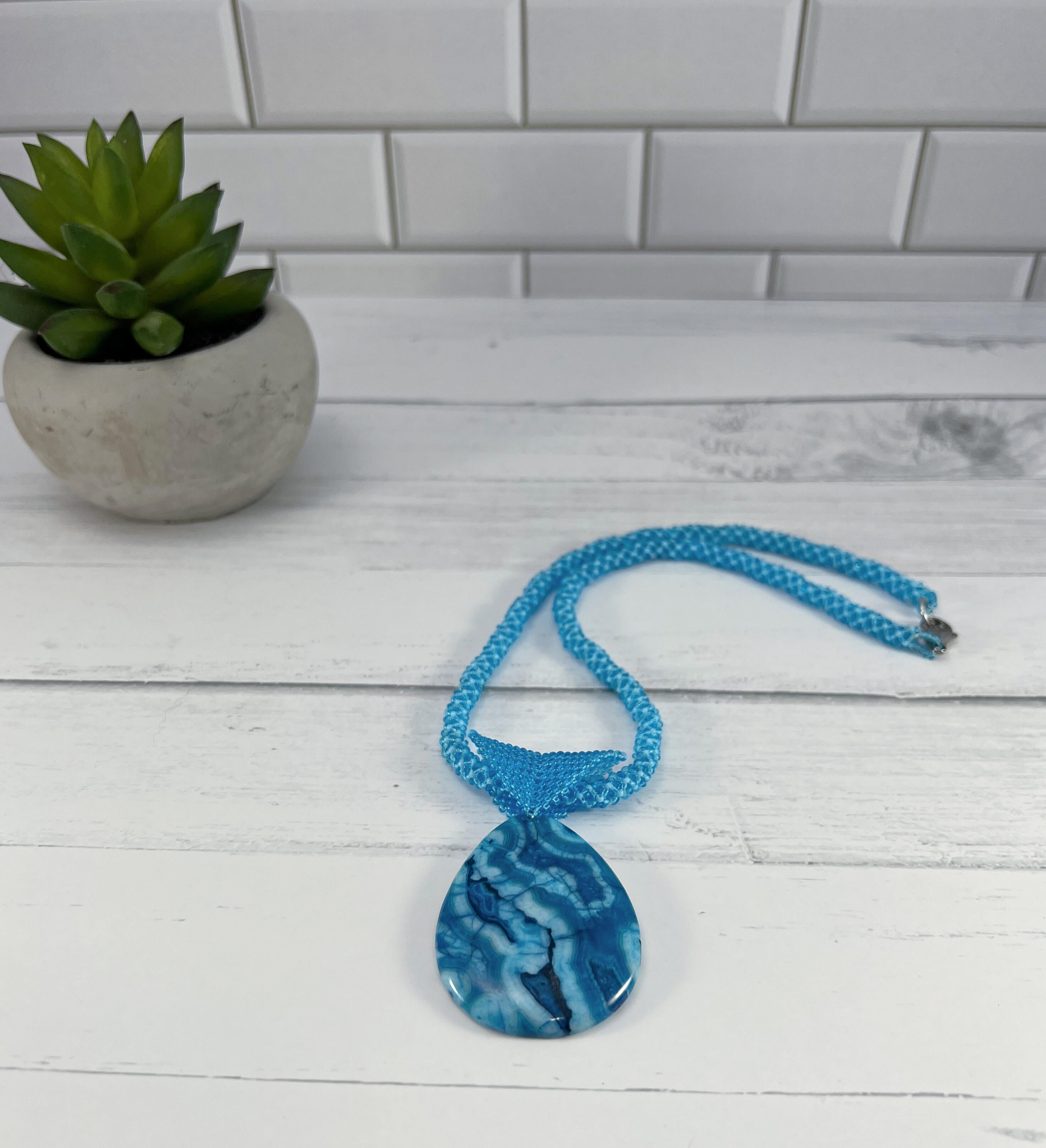 Blue Agate Pendant Necklace, Chenille Stitch Beaded Necklace, 18 Inch