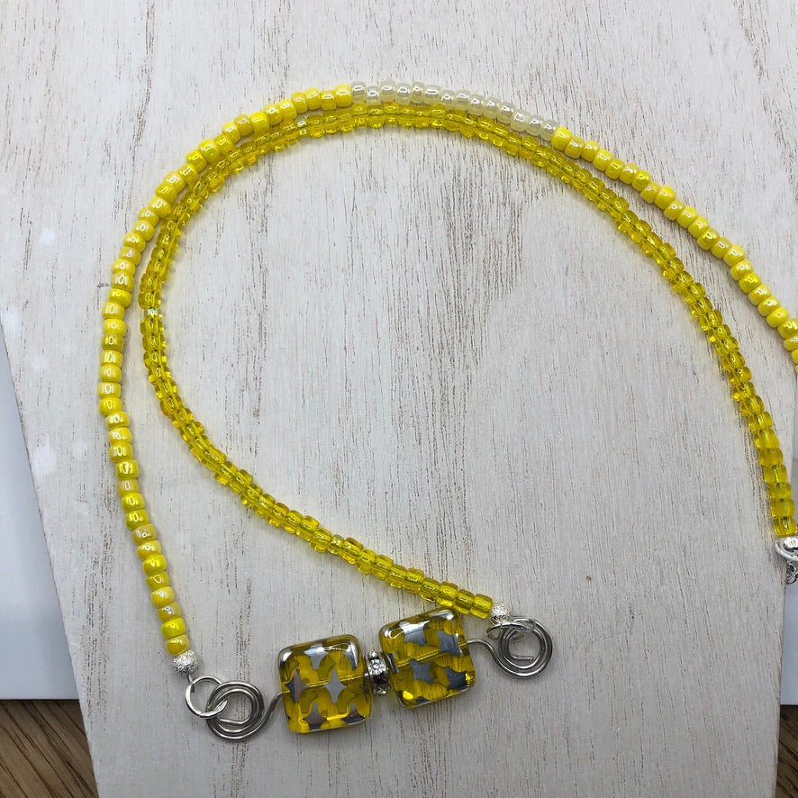 Sweet & Sunny Beaded Necklace with Silver Stars on Yellow Square Beads