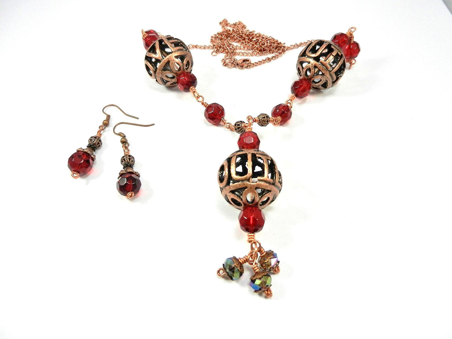 Bare Copper Wire Wrapped I Love You Bead Necklace with Matching Earrings