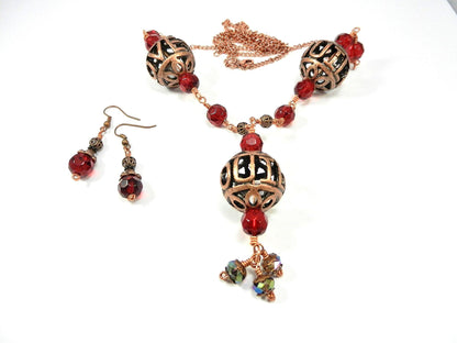 Bare Copper Wire Wrapped I Love You Bead Necklace with Matching Earrings