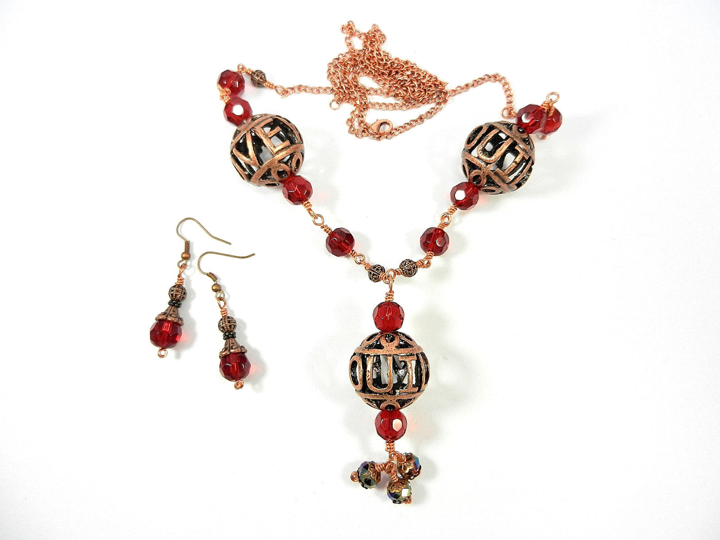 Bare Copper Wire Wrapped I Love You Bead Necklace with Matching Earrings