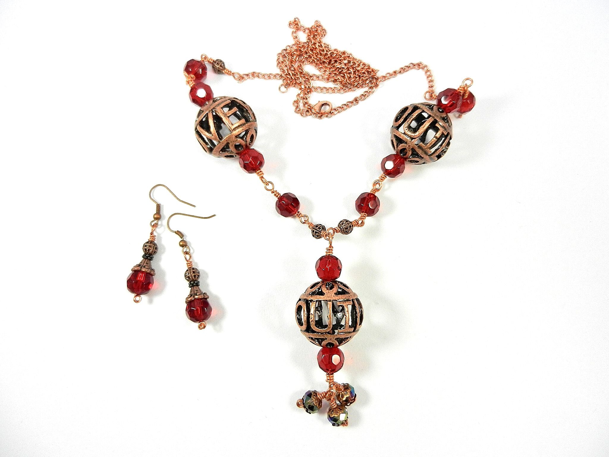 Bare Copper Wire Wrapped I Love You Bead Necklace with Matching Earrings