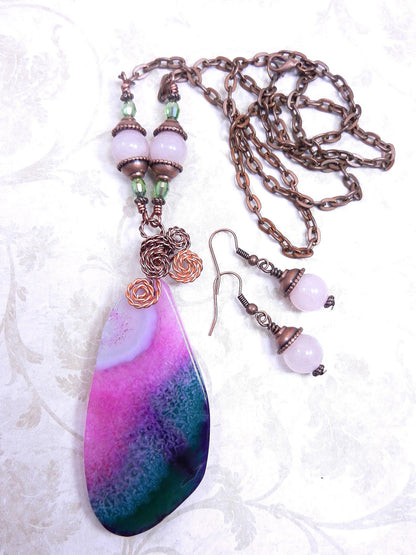 Green and Pink Agate Gemstone Copper Wire Wrapped Pendant with Matching Earrings