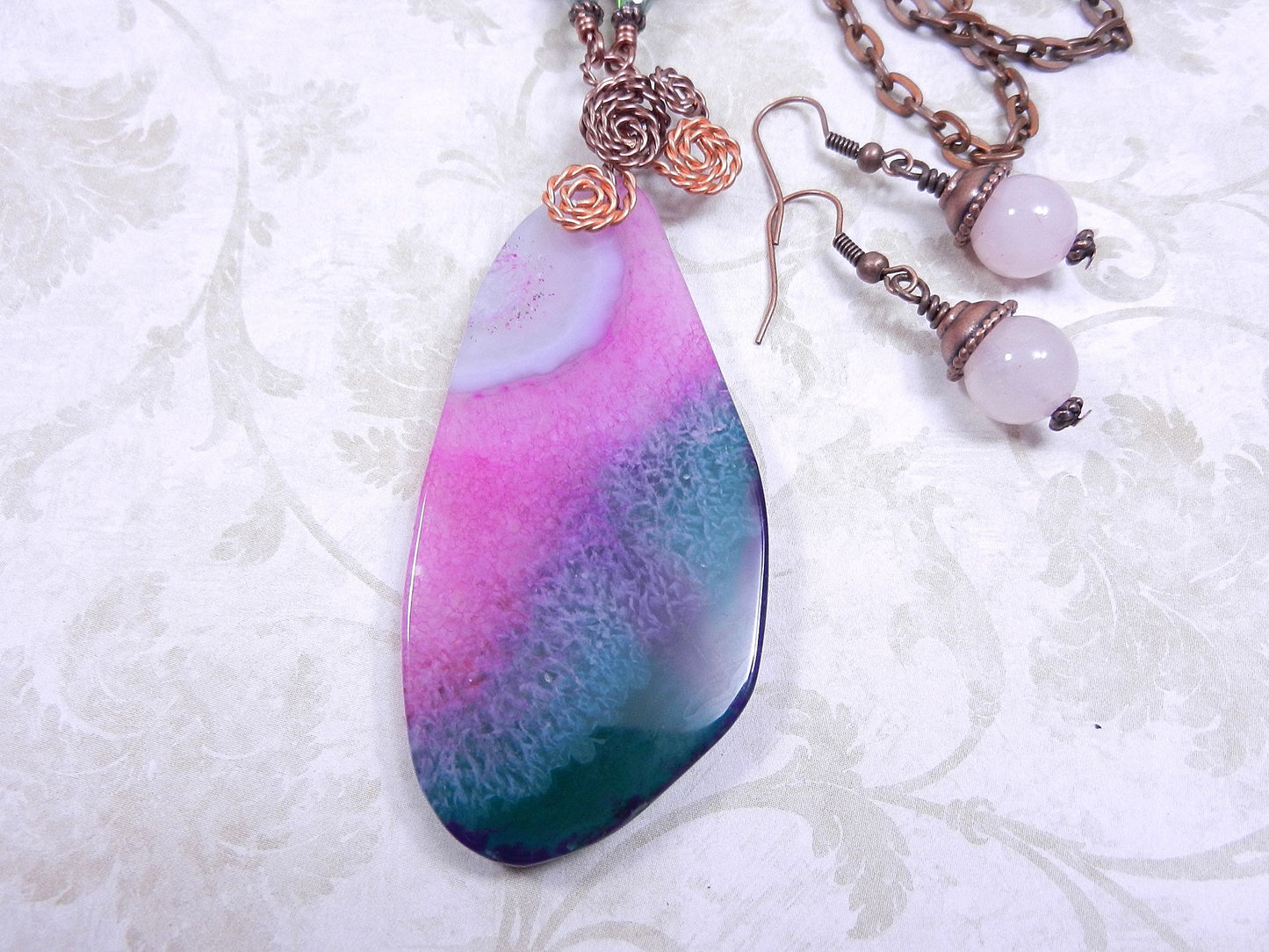 Green and Pink Agate Gemstone Copper Wire Wrapped Pendant with Matching Earrings