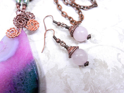 Green and Pink Agate Gemstone Copper Wire Wrapped Pendant with Matching Earrings
