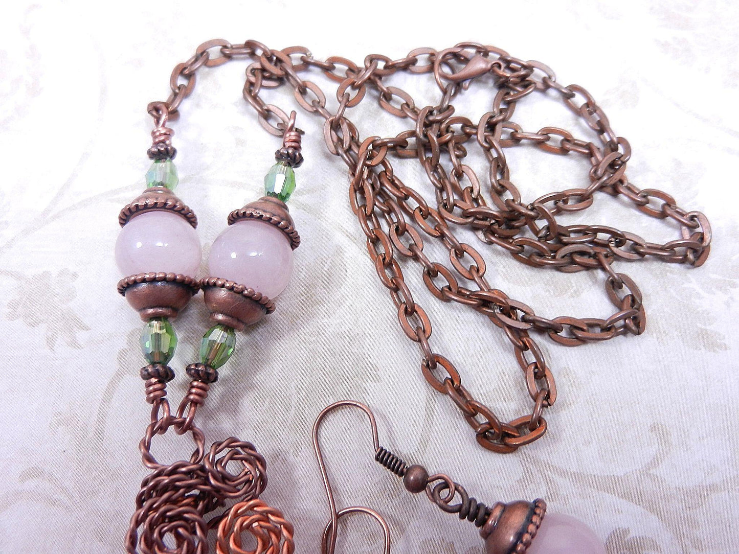 Green and Pink Agate Gemstone Copper Wire Wrapped Pendant with Matching Earrings