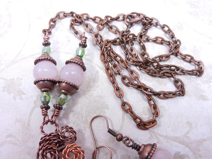 Green and Pink Agate Gemstone Copper Wire Wrapped Pendant with Matching Earrings