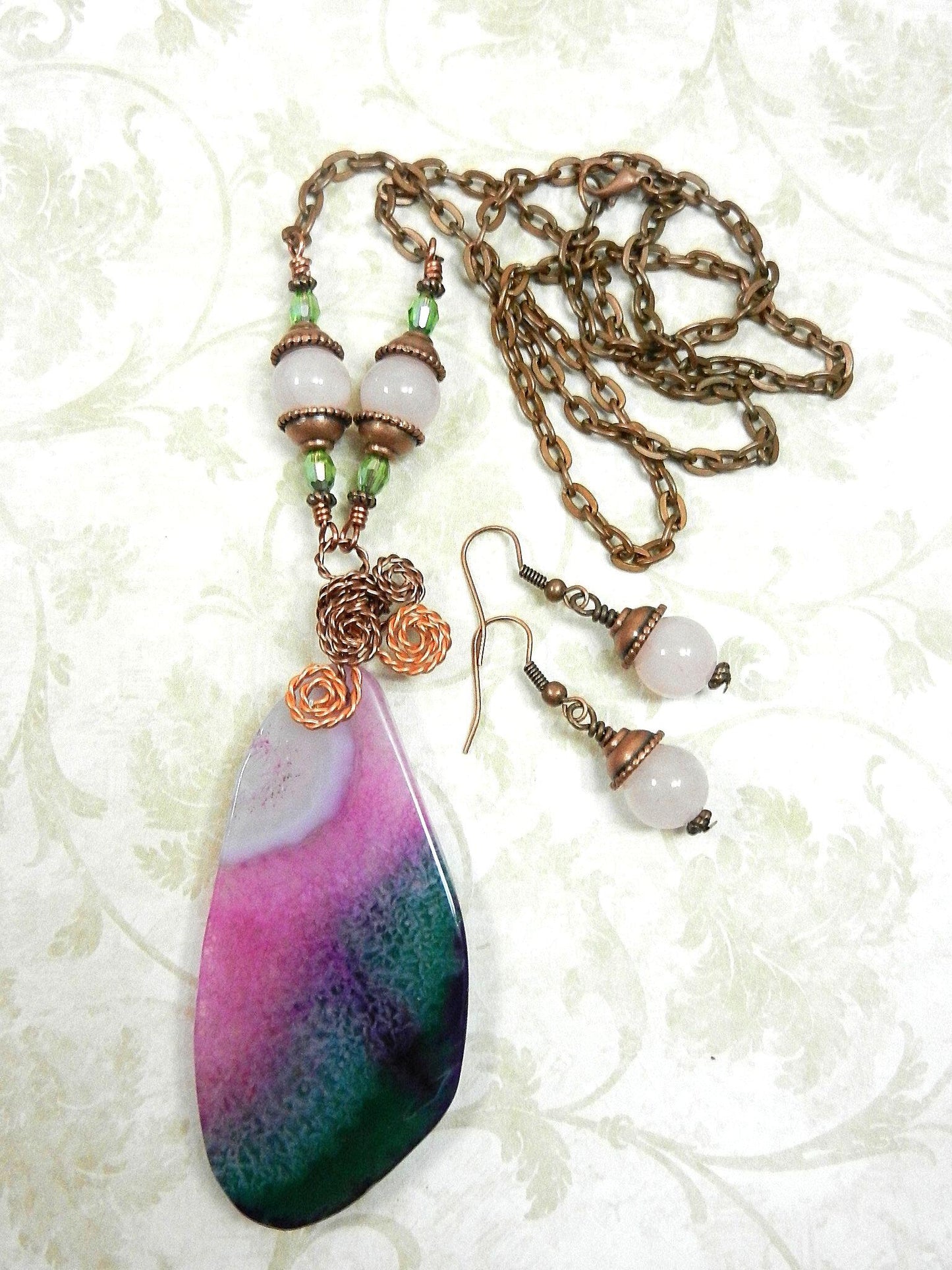 Green and Pink Agate Gemstone Copper Wire Wrapped Pendant with Matching Earrings