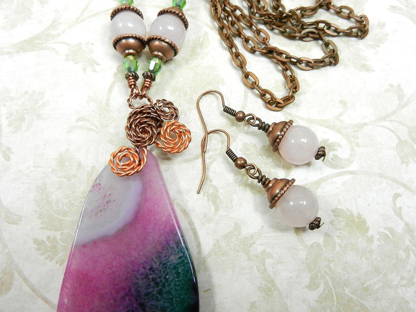 Green and Pink Agate Gemstone Copper Wire Wrapped Pendant with Matching Earrings