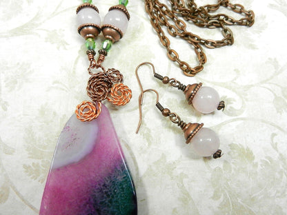 Green and Pink Agate Gemstone Copper Wire Wrapped Pendant with Matching Earrings