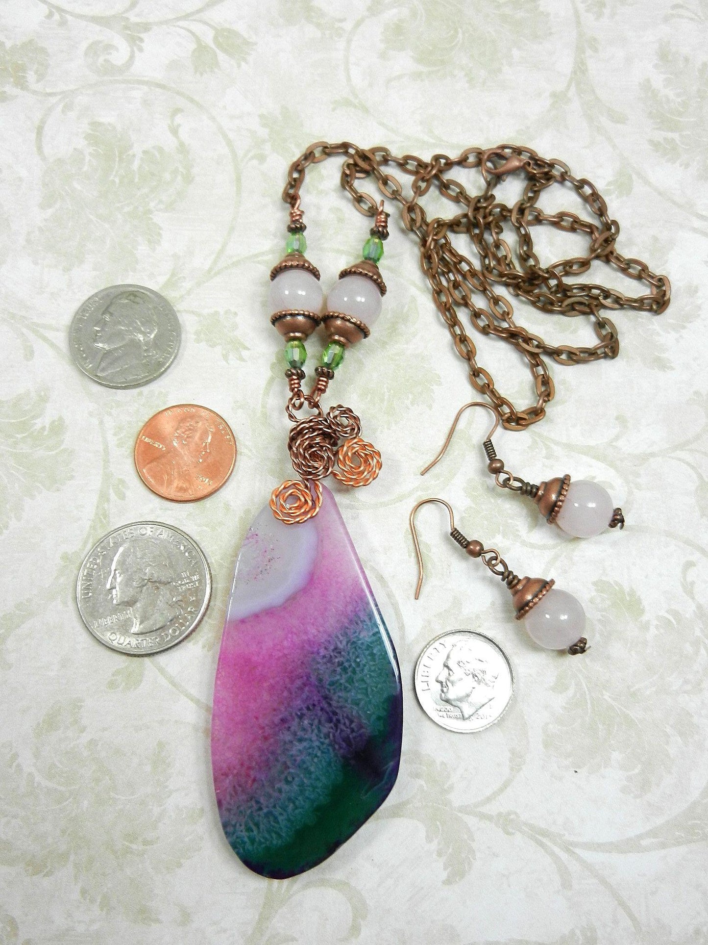 Green and Pink Agate Gemstone Copper Wire Wrapped Pendant with Matching Earrings