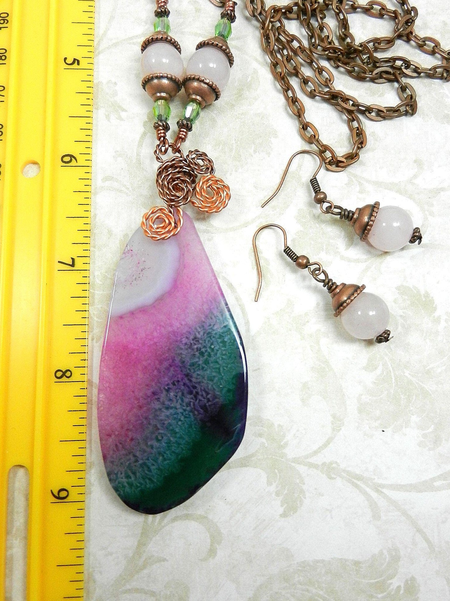 Green and Pink Agate Gemstone Copper Wire Wrapped Pendant with Matching Earrings