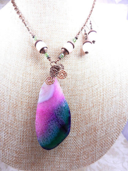 Green and Pink Agate Gemstone Copper Wire Wrapped Pendant with Matching Earrings