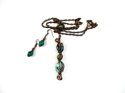 Green and Blue Three Stone Necklace with Matching Earrings