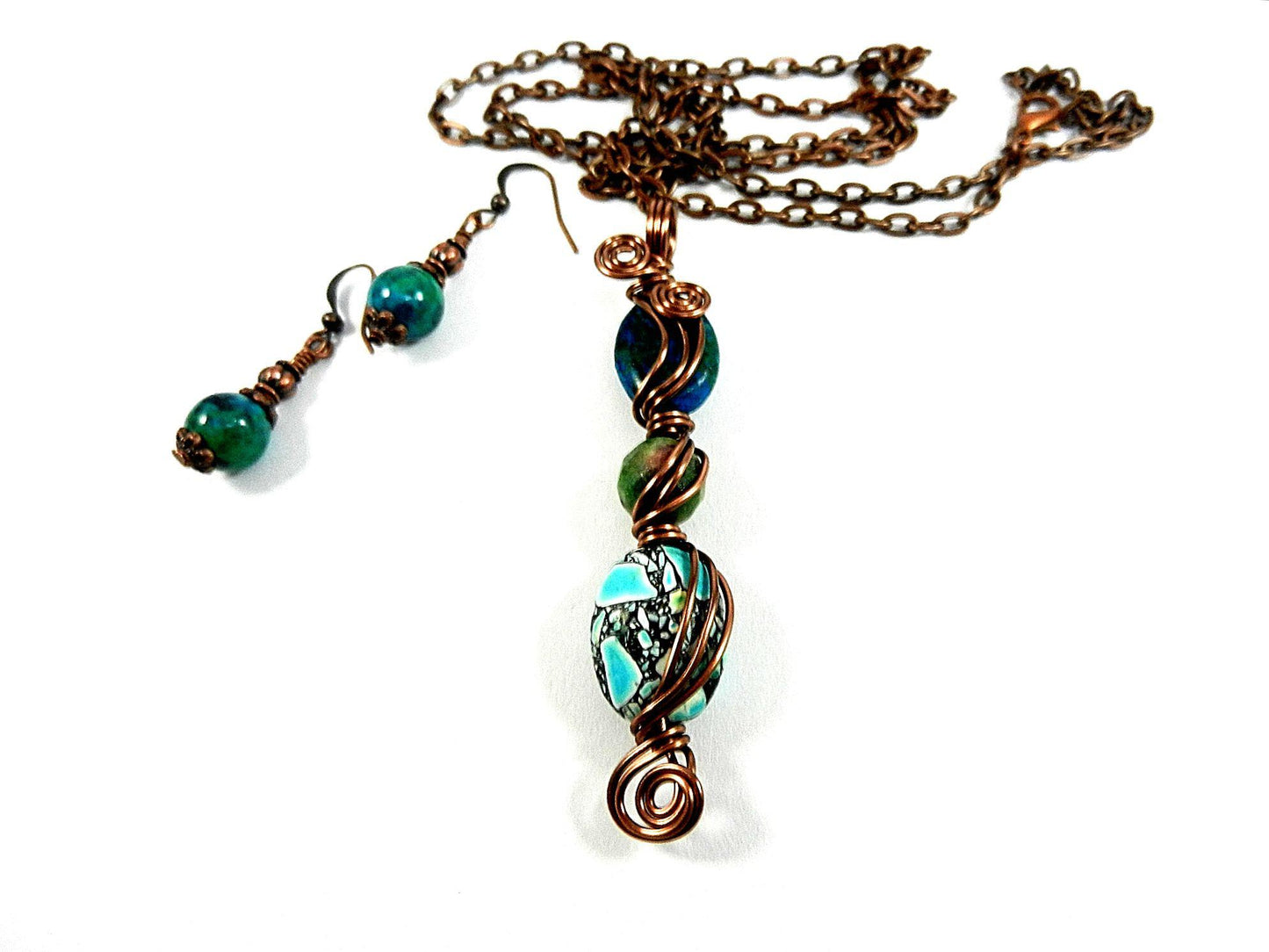 Green and Blue Three Stone Necklace with Matching Earrings