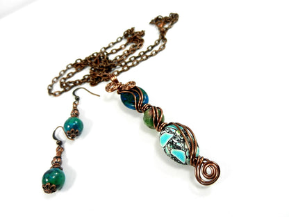 Green and Blue Three Stone Necklace with Matching Earrings