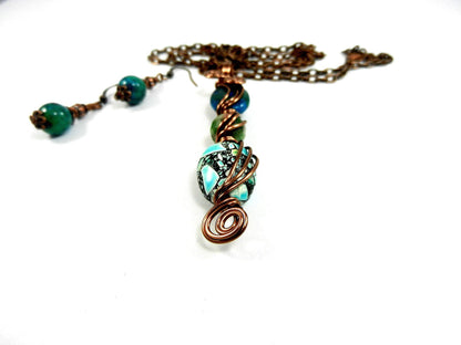 Green and Blue Three Stone Necklace with Matching Earrings