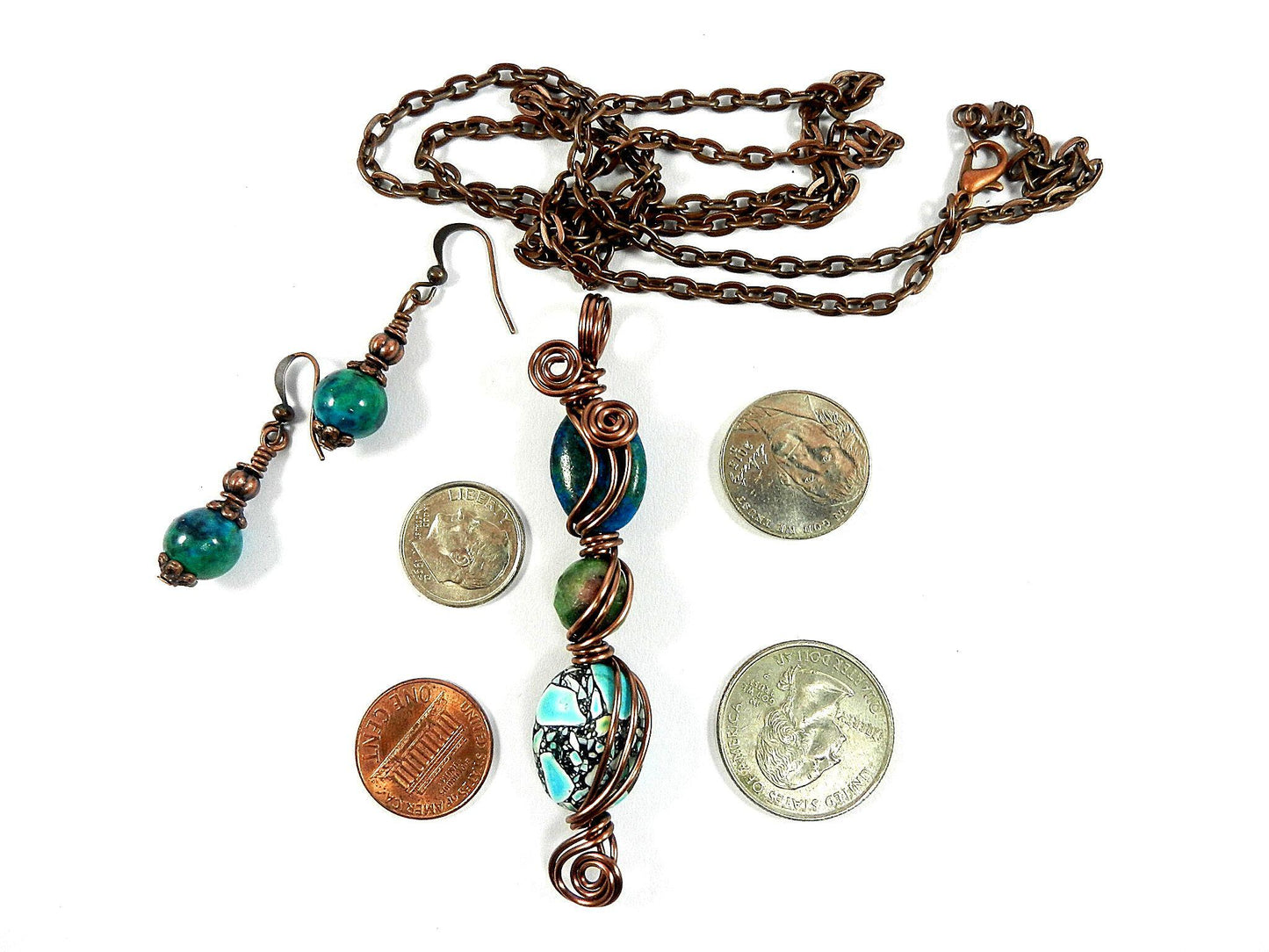 Green and Blue Three Stone Necklace with Matching Earrings