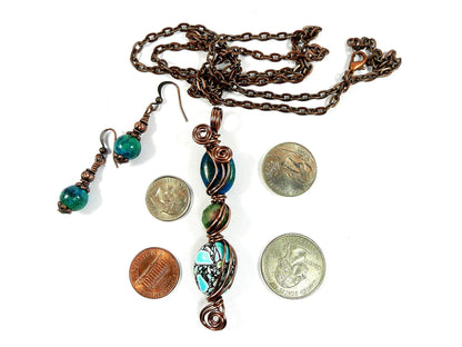 Green and Blue Three Stone Necklace with Matching Earrings