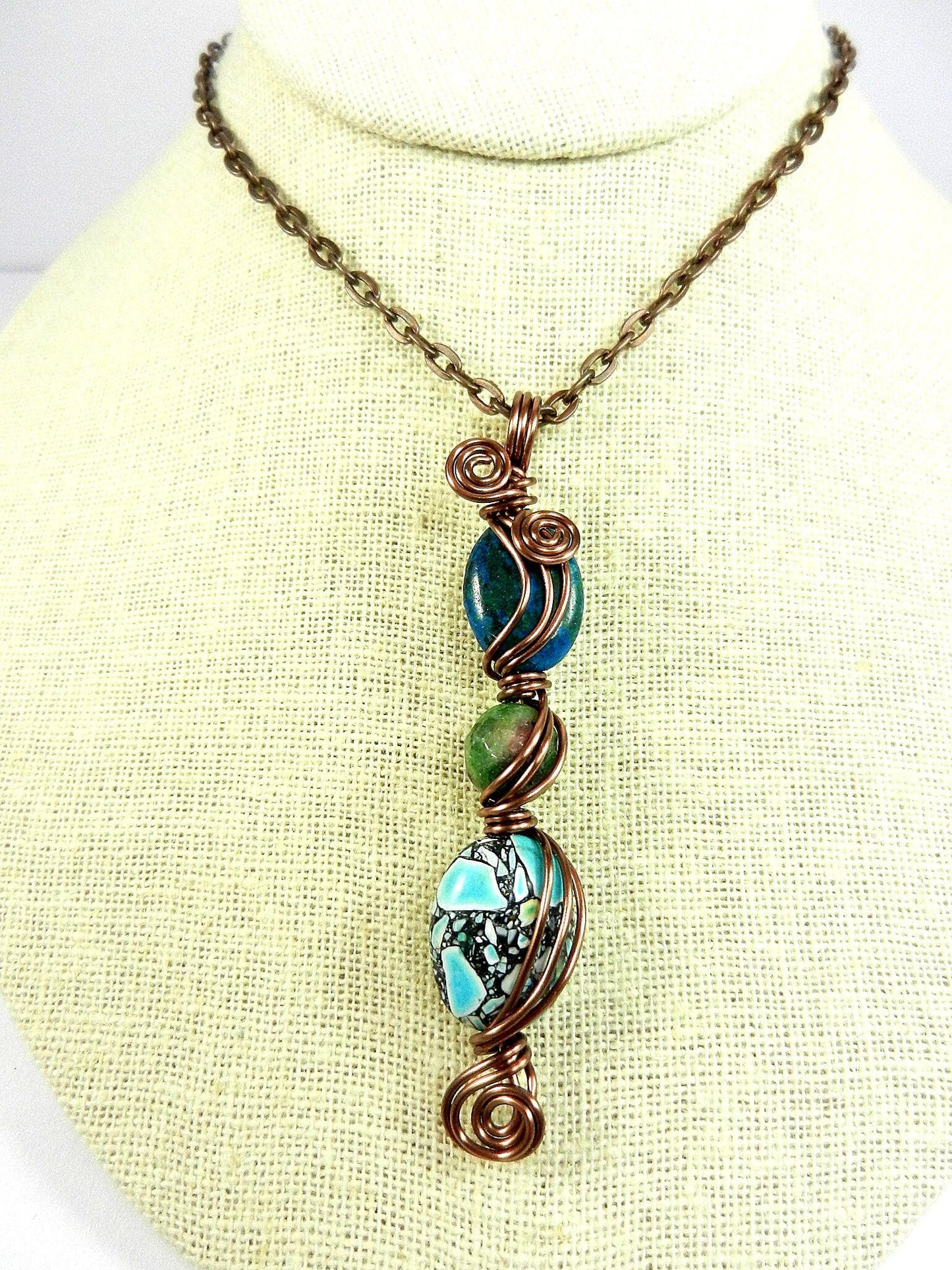 Green and Blue Three Stone Necklace with Matching Earrings