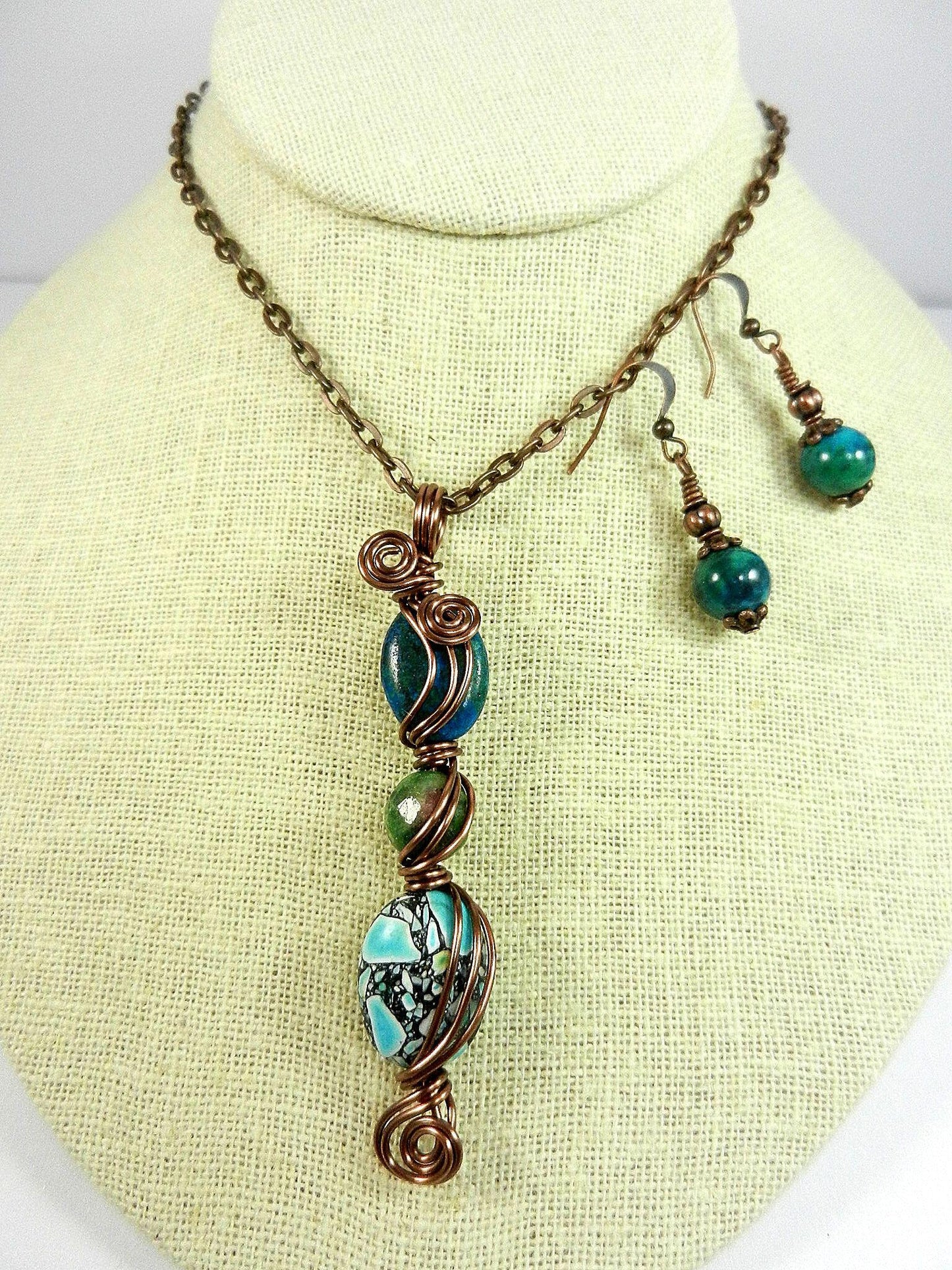 Green and Blue Three Stone Necklace with Matching Earrings