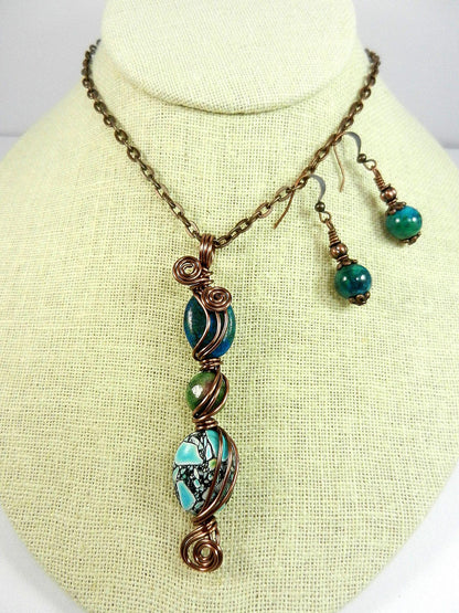 Green and Blue Three Stone Necklace with Matching Earrings