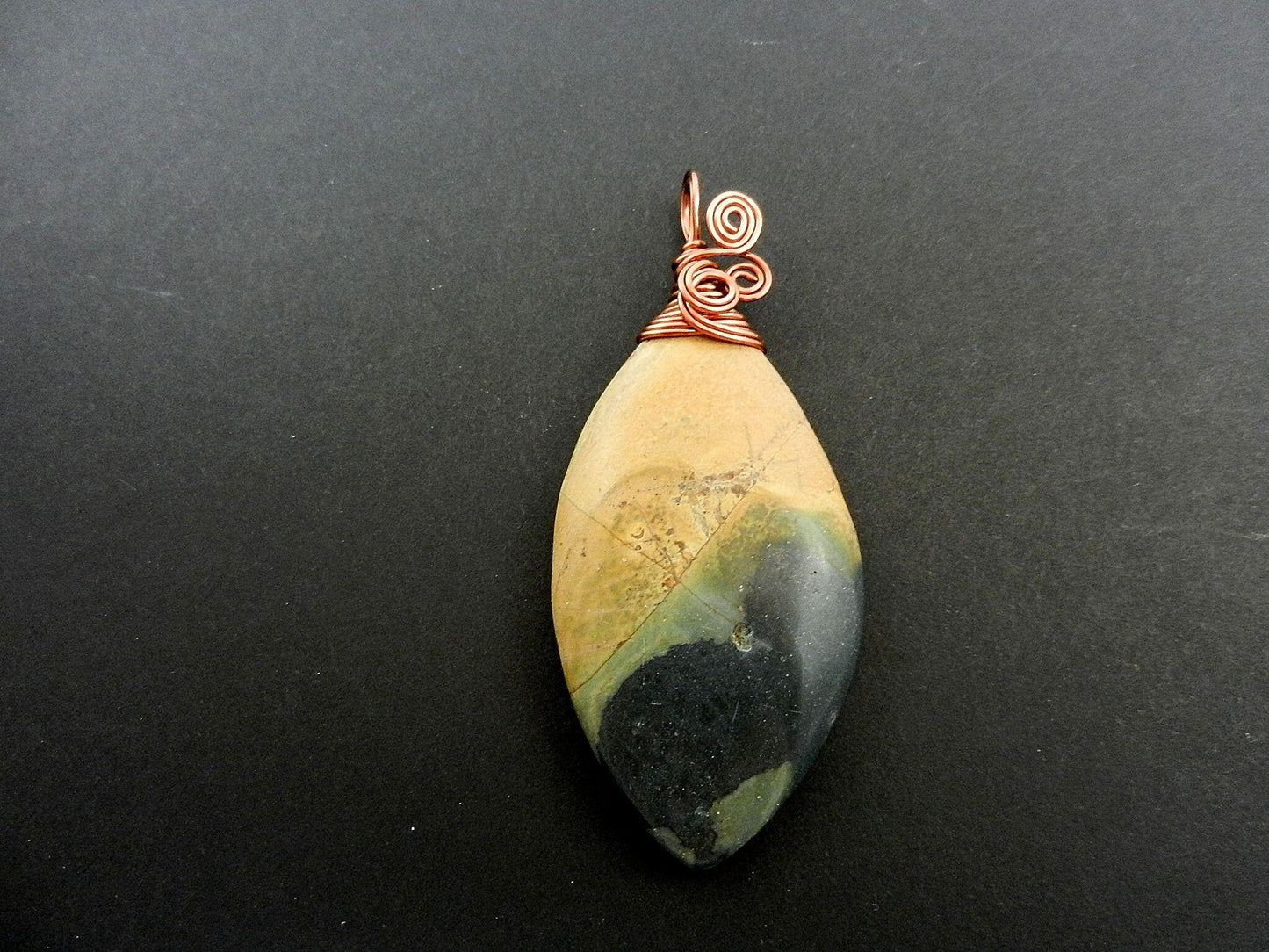 Copper Wire Wrapped Brown Green and Black Picture Jasper Pendant