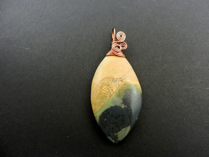 Copper Wire Wrapped Brown Green and Black Picture Jasper Pendant
