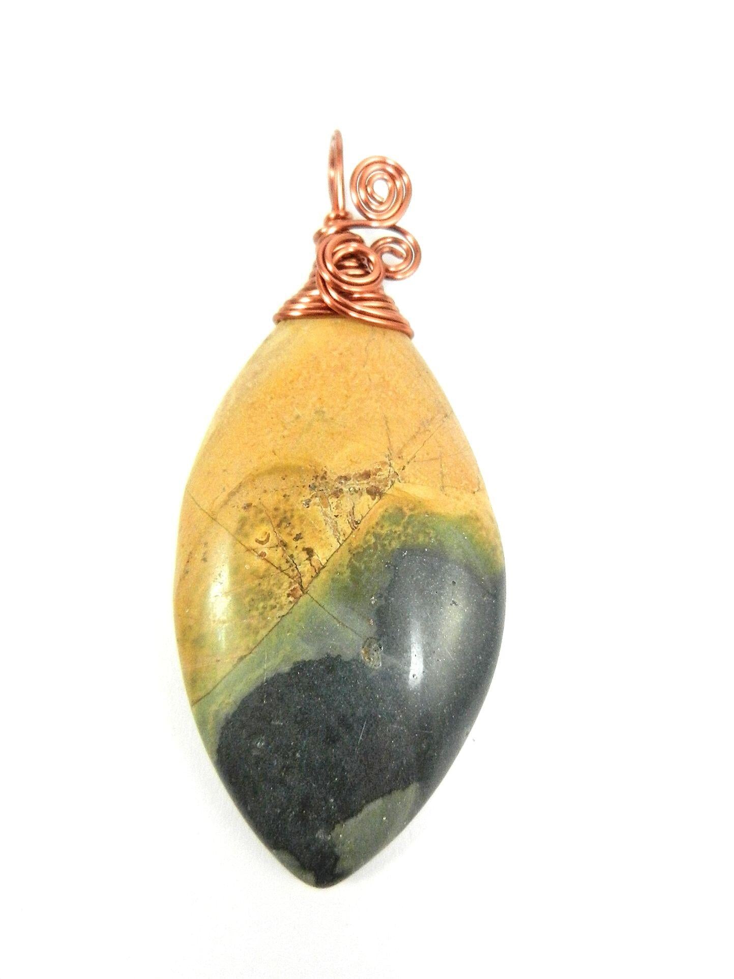 Copper Wire Wrapped Brown Green and Black Picture Jasper Pendant