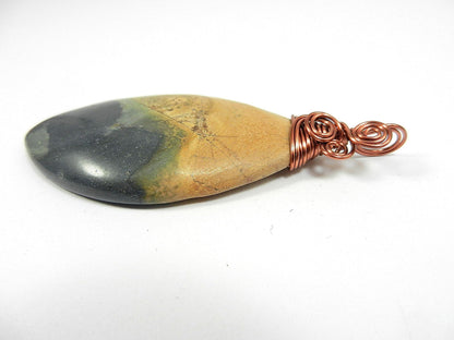 Copper Wire Wrapped Brown Green and Black Picture Jasper Pendant