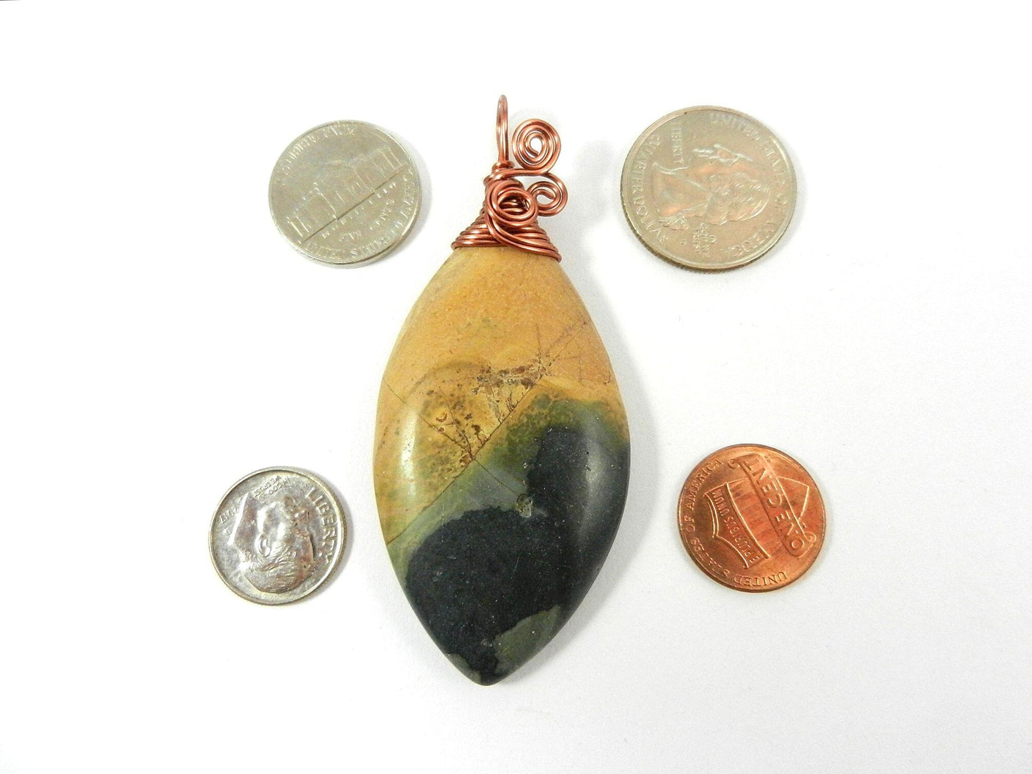 Copper Wire Wrapped Brown Green and Black Picture Jasper Pendant