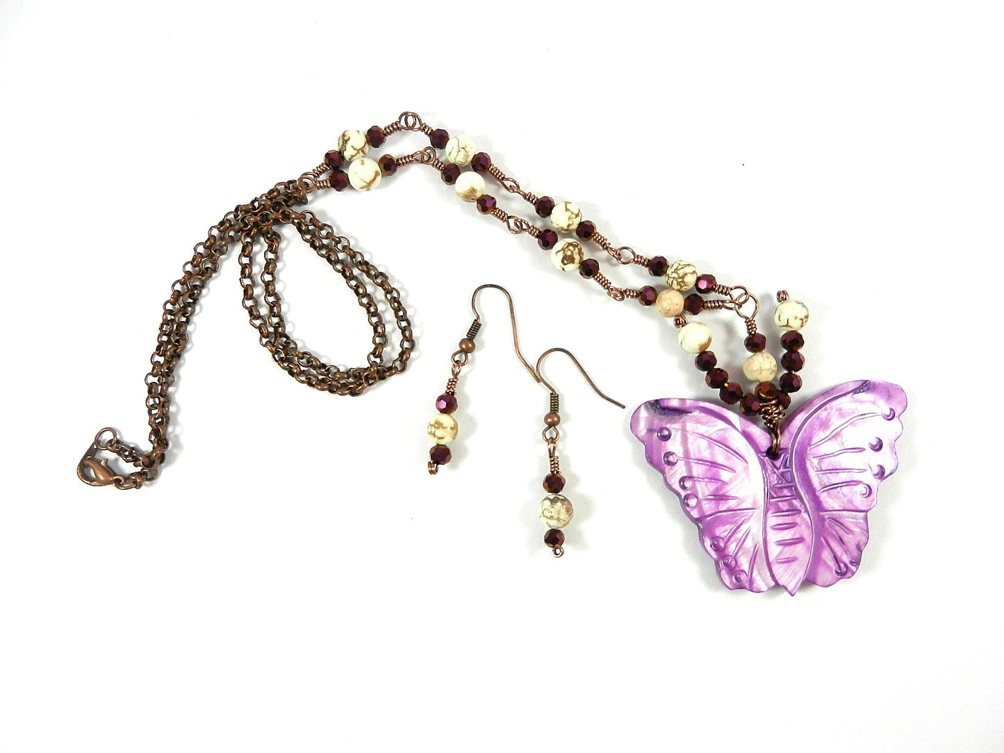 Purple Shell Butterfly Necklace with White Turquoise and Matching Earrings