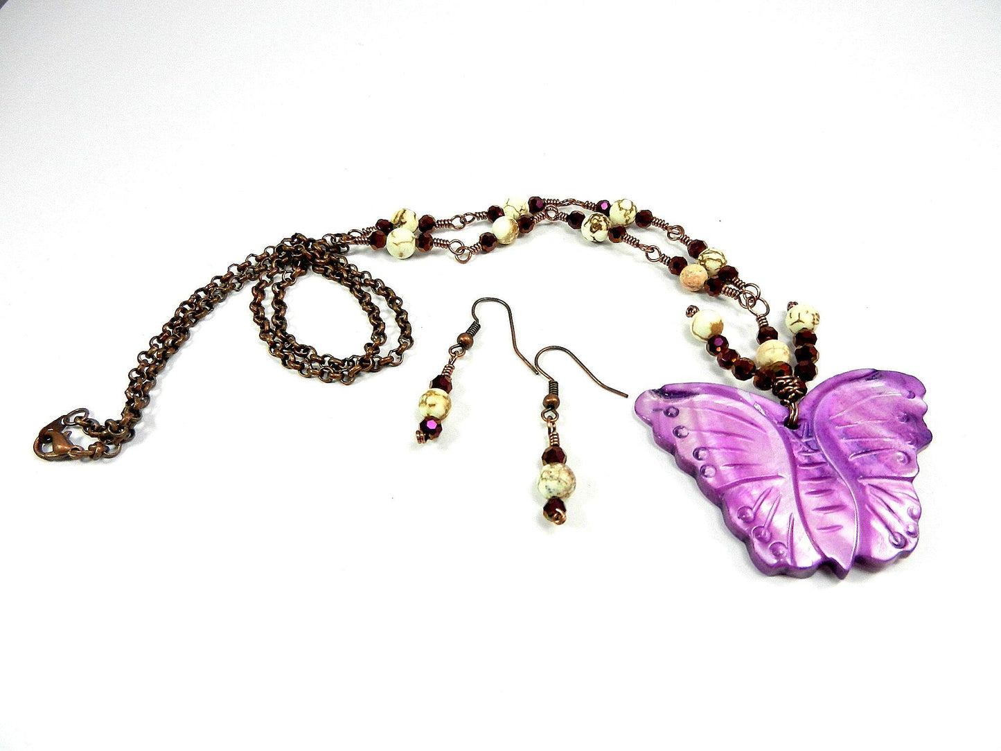 Purple Shell Butterfly Necklace with White Turquoise and Matching Earrings