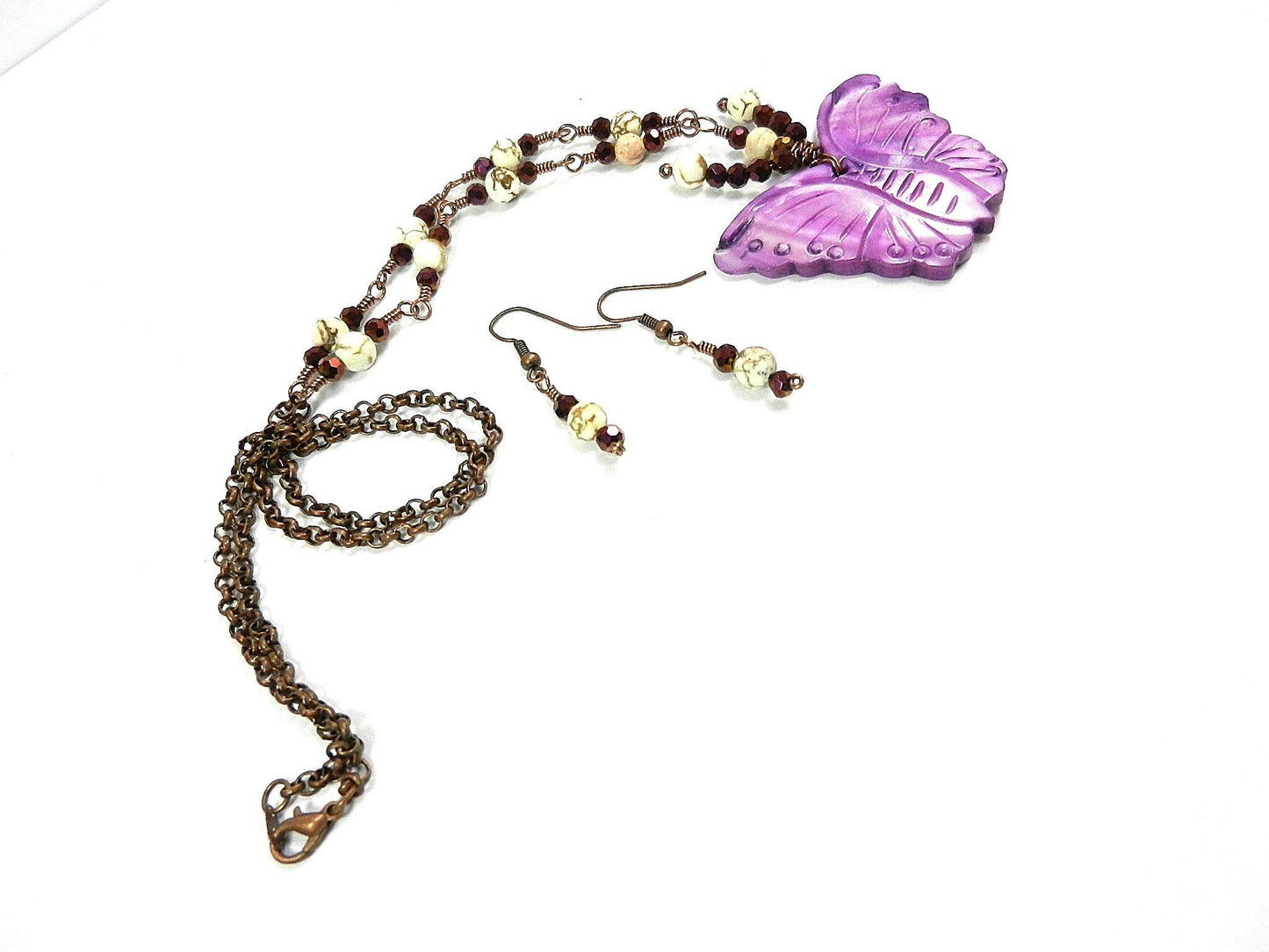 Purple Shell Butterfly Necklace with White Turquoise and Matching Earrings